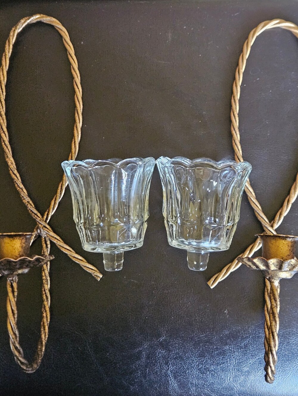 Set 2 Vintage Homco Gold-Tone Metal Wall Sconces w Twisted Rope Design & Votives